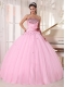 Baby Pink Ball Gown Strapless Floor-length Tulle Beading and Ruch Quinceanera Dress