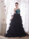 Black and Blue A-line / Princess One Shoulder Brush Train Tulle Appliques and Ruch Prom / Celebrity Dress