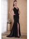 Black Column / Sheath Halter Brush Chiffon Ruch Prom Dress