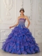 Blue Ball Gown Strapless Floor-length Organza Beading and Appliques Sweet 16 Dress