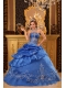 Blue Ball Gown Strapless Floor-length Organza Beading Quinceanera Dress