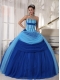 Blue Ball Gown Strapless Floor-length Tulle Beading Quinceanera Dress