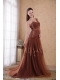 Brown Column / Sheath One Shoulder Brush Train Appliques Tulle Prom / Pageant Dress