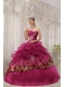 Burgundy Ball Gown Sweetheart Floor-length Organza and Leopard Appliques Quinceanera Dress