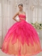 Coral Ball Gown Strapless Floor-length Organza Beading Quinceanera Dress