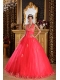 Coral Red Ball Gown Halter Floor-length Appliques Tulle Quinceanera Dress