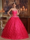 Coral Red Ball Gown Strapless Floor-length Fabric With Roling Flowers Appliques Quinceanera Dress