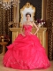 Coral Red Ball Gown Strapless Floor-length Organza Appliques Quinceanera Dress