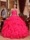 Coral Red Ball Gown Sweetheart Floor-length Organza Beading Quinceanera Dress