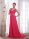 Coral Red Empire V-neck Brush Train Beading Chiffon Prom / Party Dress