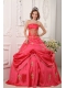 Elegant A-line Strapless Floor-length Taffeta Beading and Appliques Red Quinceanera Dress