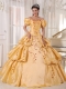 Gold Ball Gown Off The Shoulder Floor-length Taffeta Embroidery Quinceanera Dress