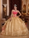 Gold Ball Gown Strapless Floor-length Organza Embroidery Quinceanera Dress