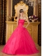 Hot Pink A-line / Princess Strapless Floor-length Tulle Appliques Quinceanera Dress