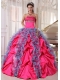 Hot Pink and Aqua Blue Ball Gown Strapless Floor-length Organza and Taffeta Beading and Ruffles Quinceanera Dress