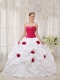 Hot Pink and White Ball Gown Strapless Taffeta Hand Made Flowers Quinceanera Dress
