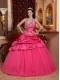 Hot Pink Ball Gown Halter Floor-length Taffeta Appliques Sweet 16 Dress