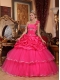 Hot Pink Ball Gown One Shoulder Floor-length Organza Beading and Pick-ups Quinceanera Dress