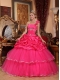 Hot Pink Ball Gown One Shoulder Floor-length Organza Beading and Pick-ups Quinceanera Dress
