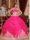 Hot Pink Ball Gown Strapless Floor-length Organza Beading Quinceanera Dress