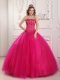 Hot Pink Ball Gown Strapless Floor-length Tulle Beading Quinceanera Dress