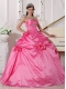 Rose Pink Ball Gown Sweetheart Floor-length Taffeta Beading and Hand Made Flowers Quinceanera Dress