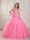 Lovely Rose Pink Quinceanera Dress Sweetheart Tulle Appliques Ball Gown