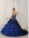 Navy Blue Ball Gown Sweetheart Chapel Train Taffeta and Organza Appliques Quinceanera Dress