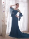 Navy Blue Column / Sheath Square Brush Train Chiffon Prom Dress
