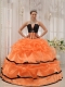 Orange and Black Ball Gown Strapless Floor-length Satin and Organza Beading Quinceanera Dress