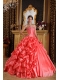 Coral Red Ball Gown Sweetheart Floor-length Taffeta Emboridery and Beading Quinceanera Dress