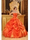 Orange Red Ball Gown Sweetheart Strapless Floor-length Taffeta Hand Made Flowers Quinceanera Dress