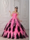 Pink and Black A-Line / Princess Strapless Floor-length Organza Appliques Quinceanera Dress