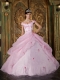 Pink Ball Gown Off The Shoulder Floor-length Organza Appliques Quinceanera Dress