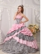 Pink Ball Gown Taffeta and Zebra Print Strapless Beading Quinceanera Dress