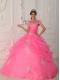 Pink Ball Gown V-neck Floor-length Taffeta and Organza Appliques with Beading Quinceanera Dress