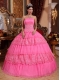 Pink Strapless Organza Lace Appliques Ball Gown Quinceanera Dress