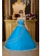 Popular Ball Gown Strapless Floor-length Tulle Lace Appliques Teal Quinceanera Dress