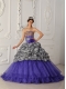 Purple Ball Gown Strapless Chapel Train Zebra and Organza Quinceanera Dress