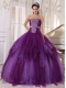 Purple Ball Gown Strapless Floor-length Tulle Beading Quinceanera Dress