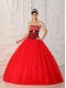Red A-line / Princess Strapless Floor-length Tulle and Zebra Beading Quinceanera Dress
