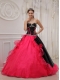 Red and Black Ball Gown Sweetheart Floor-length Satin and Organza Appliques Quinceanera Dress