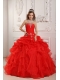 Red Ball Gown Strapless Floor-length Organza Beading And Ruffles Quinceanera Dress