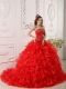 Red Ball Gown Strapless Floor-length Organza Ruffles And Embroidery Quinceanera Dress