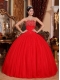 Red Ball Gown Strapless Floor-length Tulle Beading Quinceanera Dress