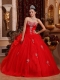 Red Ball Gown Sweetheart Floor-length Organza Appliques Quinceanera Dress