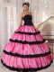 Rose Pink and Black Ball Gown Strapless Floor-length Taffeta Quinceanera Dress