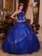 Blue Ball Gown One Shoulder Floor-length Organza Beading Quinceanera Dress