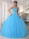 Sky Blue Ball Gown Sweetheart Floor-length Tulle Beading Quinceanera Dress