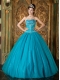 Teal A-Line / Princess Sweetheart Floor-length Beading Tulle Quinceanera Dress